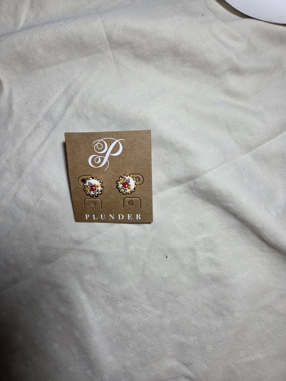 Plunder Gold Floral Button Earrings with White and Red Flowers Enamel